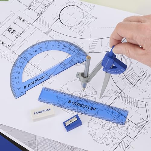 STAEDTLER Student Math Set - Essential School Supplies with 6-Piece - Compass, 6in Ruler, 180° Protractor, Pencil, Eraser & Sharpener in Zippered Storage Pouch