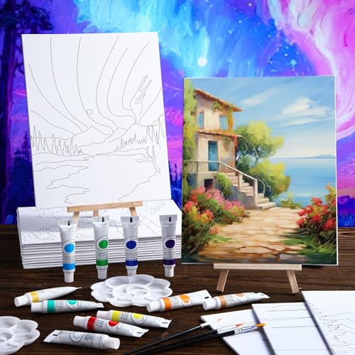 Zhanmai 88 Pcs 8 x 10 Inch Pre Drawn Canvas for Painting Kit Pre Stretched Canvas for Sip and Paint Party Favor Coloring DIY Virtual Party Birthday Gifts Adult's Date Night(Oil Painted Landscape) - style: Oil Painted Landscape