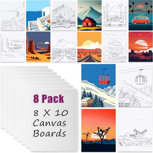 8 Pack (8x10) Pre Drawn Canvas Boards for Painting for Adults, Sip and Paint Party Supplies Canvas Painting Set, Beginner Favor, (Landscape) - style: Landscape