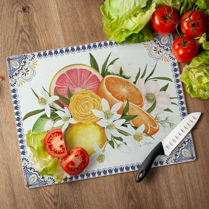 CounterArt Mediterranean Citrus Tempered Glass Cutting Board 12" x 15" | 3mm Thick, Serving Board, Charcuterie Board - color: Mediterranean Citrus