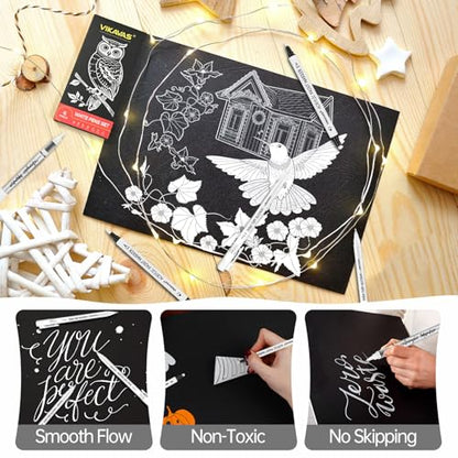 6PCS White Gel Pens for Dark Paper – 3 Fine Gel Pens (1.0mm, 0.8mm, 0.5mm) + 2 Dual-Tip Acrylic Paint Pens + 1 Liquid Ink Brush Pen for Adult Artists Journaling, Illustration, Lettering - style: 6 sizes