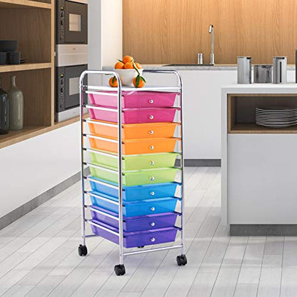Happygrill 10-Drawer Storage Cart, Utility Cart with Removable Drawers & Metal Frame, Rolling Storage Cart with Lockable Wheels for Home, Office, Rainbow - color: Rainbow