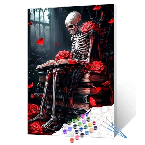 Skeleton Gothic Art Red Roses Skeleton Reading Paint By Numbers Kits Church Fantasy Scene Skull On Books Dark Romantic Theme Paint By Number Sets Horror Lovers Gift Decor 16''W X 20''H (Frameless) - color: Dark Raven-03, size: 16''x20''(Frameless)
