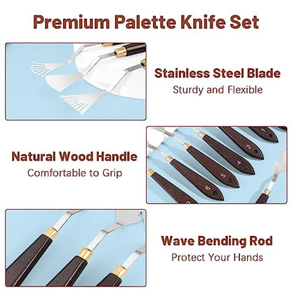 14Pcs Palette Knife Set, FHDUSRYO Stainless Steel Painting Knife, Painting Spatula Pallet Knives with Wood Handle, Oil Painting Accessories for Color Mixing, Oil, Canvas, Acrylic Painting