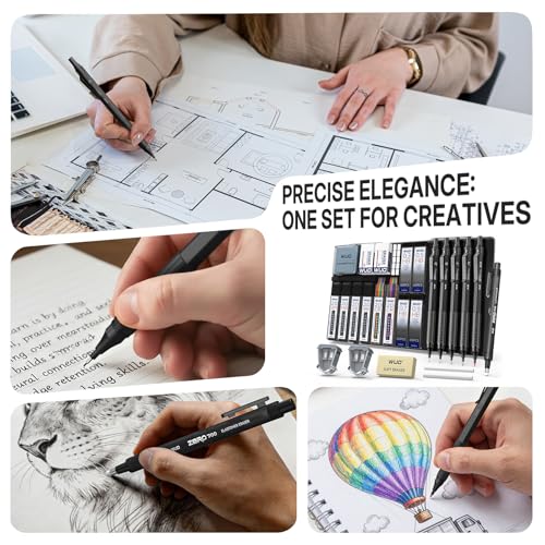 WUO Mechanical Pencil Set, 5 Pack Drafting Pencils 0.3/0.5/0.7/0.9/2.0mm | Mechanical drawing pencils, 312 lead refills, erasers/sharpeners for drafting, technical drawing, sketching, writing & art - color: Black, size: 0.3/0.5/0.7/0.9/2.0