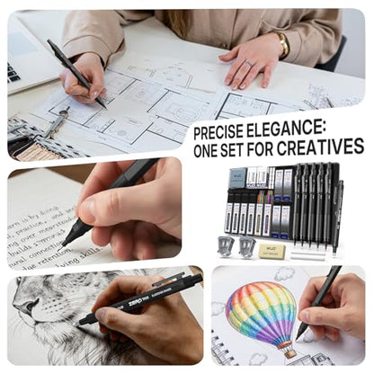 WUO Mechanical Pencil Set, 5 Pack Drafting Pencils 0.3/0.5/0.7/0.9/2.0mm | Mechanical drawing pencils, 312 lead refills, erasers/sharpeners for drafting, technical drawing, sketching, writing & art - color: Black, size: 0.3/0.5/0.7/0.9/2.0
