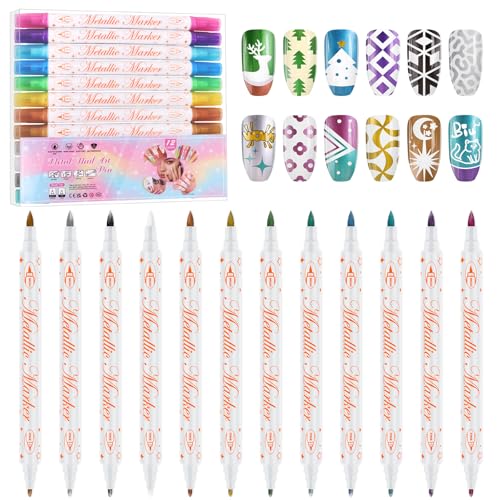 12 Colors 3D Nail Art Pens Set Kalolary Double-headed Nail Point | Graffiti Dotting Pen Quick Dry Long-last Acrylic Paint Markers for DIY Nail Art Design, Home & Salon Manicure Tools - color: P