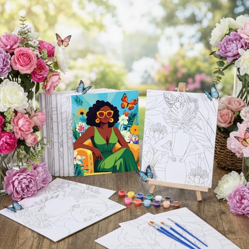 Harloon 36 Pcs 8 x 10 Inch Pre Drawn Canvas for Painting Afro Flower Butterfly Queen Pre Stretched Canvas Painting for Adults Outline for Sip and Paint Party Supplies Favor - style: Flower Queen