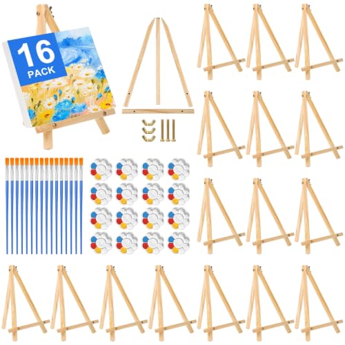 16 Pack 9 Inch Wood Tabletop Easel Canvas Stand Bulk for Painting | Tripod Art & Crafts Easel with Small Paint Brushes, Palettes Set for Sip and Paint Party, Display, Photo Picture Sign Holder