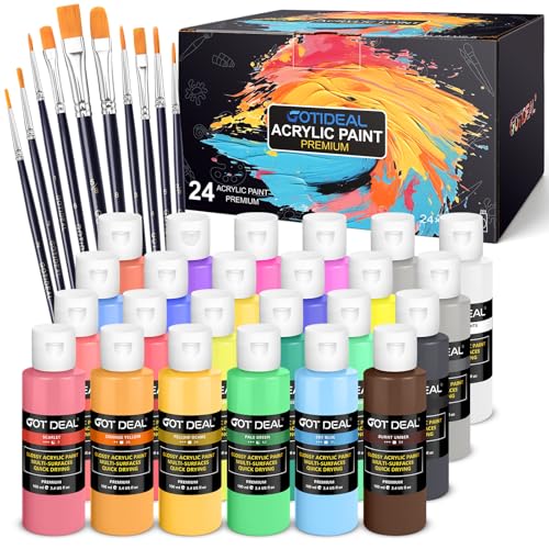 GOTIDEAL Acrylic Paint Set, 24 Colors (100ml, 3.4 oz), with Paint Brushes - color: 24 Colors（100ml）