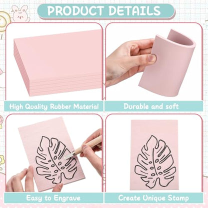 Fuyoooo 25 Pcs 6 x 8 Inch Pink Rubber Linoleum Carving Blocks for Printmaking Linocut Block Stamp Carving Kit Soft Rubber Crafts Block for Printmaking, Stamp Carving, Scrapbooking Supplies