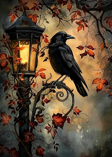 Halloween Crow Leaf Diamond Art Kits for Adults, 5D Diamond Painting Kits for Adults Beginners, DIY Full Round Drill Diamond Dot Painting Gem Art Kits for Adult, Home Wall Decor 11.8x15.7 Inch - color: NZ64