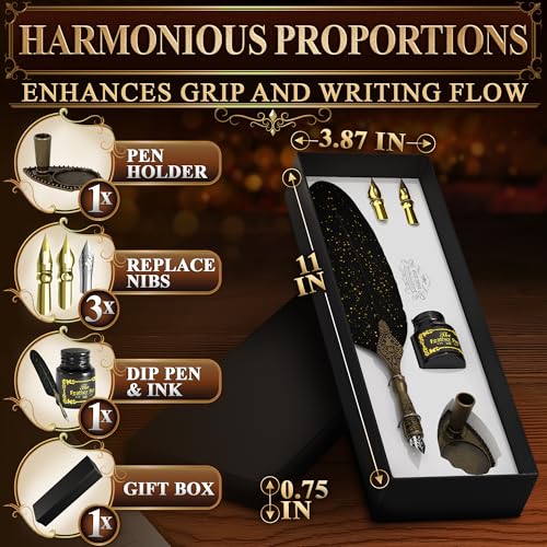 Lagarto Feather Pen and Ink Set, 11.4", 3 Steel Nibs, Inkwell (Black) | Quill Pen and Ink Set, Beginner Calligraphy Dip Kit with Antique Handle, Gift Box; for Signatures, Letters and Vintage Decor - color: Black