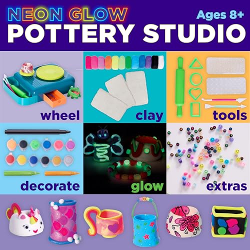 Faber-Castell Neon Glow Pottery Studio: Create Your Own Pottery Designs with USB-Powered Pottery Wheel, Air Dry Clay, Neon & Glow in The Dark Paints, Tools & 50+ Craft Supplies for Kids (Ages 8+) - size: Deluxe Starter Bundle
