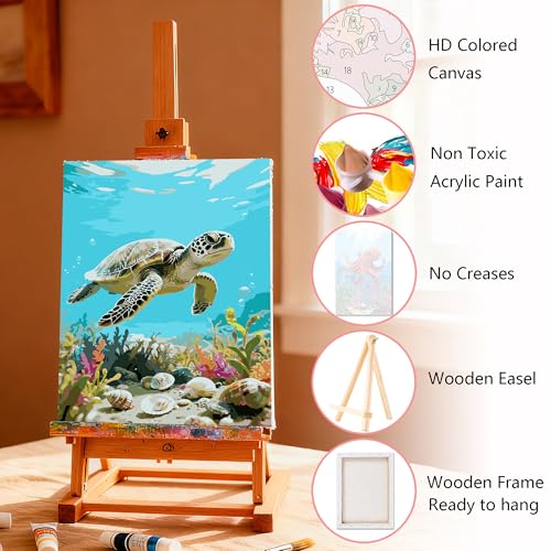 Muzagroo Art 4 Pcs Paint by Numbers Kits for Adults Framed Canvas with Wooden Easel DIY Sea Turtle Acrylic Oil Paintings Kits Paint by Numbers on Canvas Wall Art (8x12 inch) - color: Ocean