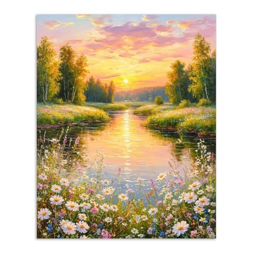 Alptiny Paint by Numbers Kit for Adults, Riverside Sunset Landscape Paint by Number Kit on Canvas, Countryside River & Wildflowers Oil Painting for Gift, Home Wall Decor 16x20 Inch - color: Sunset Landscape