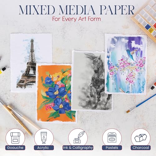Wanderings Thick Handmade Watercolor Paper with Deckled Edge - A6, 4" x 6" - 500GSM Premium White Cold-Pressed Textured Mixed Media Paper Made with Recycled Cotton - 15 Loose Leaf Sheets - color: White, size: 4x6 inches