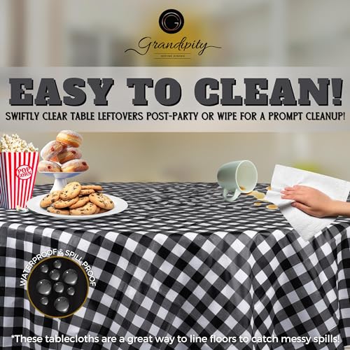 Plastic Table Cloth Disposable 12 Pack 84" Round Gingham | Plastic table covers, durable disposable tablecloths, fade and tear-resistent table cover for party, event - color: Black Gingham, size: 84in. Round