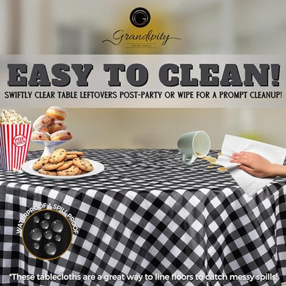 Plastic Table Cloth Disposable 12 Pack 84" Round Gingham | Plastic table covers, durable disposable tablecloths, fade and tear-resistent table cover for party, event - color: Black Gingham, size: 84in. Round