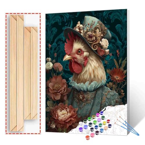 Rooster in Victorian Dress Paint by Number for Adults Beginner Vintage Style Animal Paint by Number Kits on Canvas DIY Acrylic Painting Paintwork Crafts Home Wall Decor Gifts 16"x20"(DIY Frame) - color: Hat Animal-12, size: 16''x20''(DIY Frame)