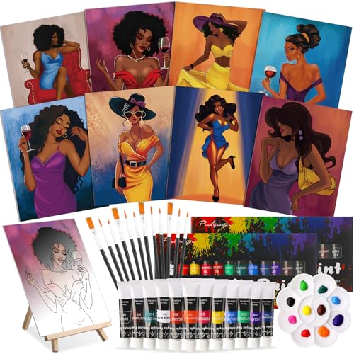 Cholemy 36 Pcs Paint and Sip Kit Gift for Adults 8''x10'',Charming Lady | Pre Drawn Canvas, Painting DIY Afro Acrylic Painting Kit, Wood Easel Brushes, Date Night Bulk, Summer Halloween Party - style: Charming Lady