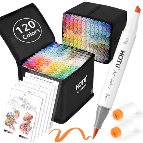 HOTU 120 Colors Alcohol Markers, Artist Dual Tip (Brush & Chisel) Sketch Pens, Professional Art Markers Set for Adult Coloring Illustration, with Coloring Cards and Non-Bleeding Pad - size: 120 Colors
