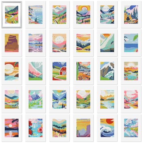 Xuhal 30 Pcs Landscape Small Diamond Painting Kits for Adults Sunrises & Sunset Mini Diamond Art Kits Mini Mountain Landscape Rhinestones Crafts with Cardboard for Home Wall Decor - style: Scenery