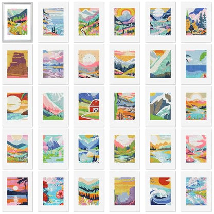 Xuhal 30 Pcs Landscape Small Diamond Painting Kits for Adults Sunrises & Sunset Mini Diamond Art Kits Mini Mountain Landscape Rhinestones Crafts with Cardboard for Home Wall Decor - style: Scenery