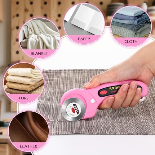 Lothee 12 Set 45mm Rotary Cutter for Fabric, Ergonomic Handle Rolling Cutter with Safety Lock for Fabric, Sewing, Quilting, Cloth, Paper, Leather, Arts Crafts Dressmaking(Pink) - color: Pink