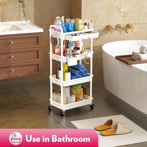 SUNALLY Makeup Cart Organizer with Drawer,4 Tier Rolling Makeup Cart, White - color: White, size: 4 Tier