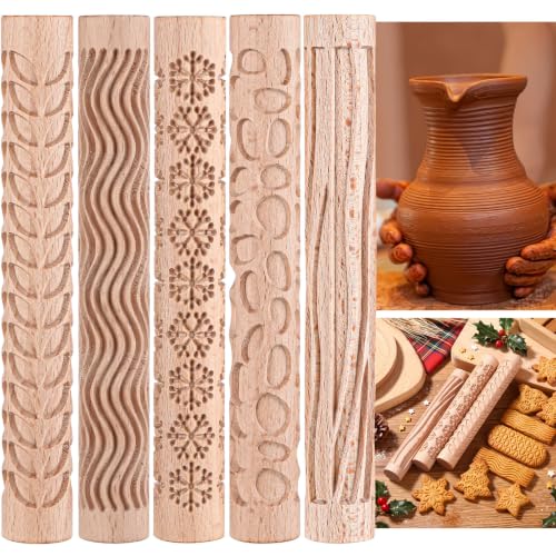 Yookeer 5 Pcs Mini Embossed Rolling Pin Set for Pottery Clay Cookies | 5.9 Inch, No Handle Design, Leaves Snowflake Pebbles Curve Tree Lines Pattern, Wood Material, Cute Kitchen Tool