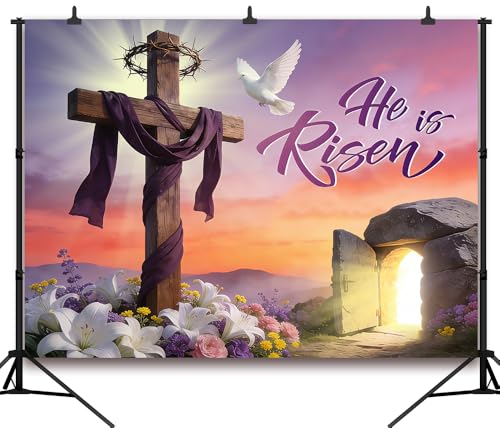 7x5FT Easter He is Risen Backdrop Easter Cross Religious Background for Jesus Spring Baby Birthday Party Decorations Vinyl - color: Cross