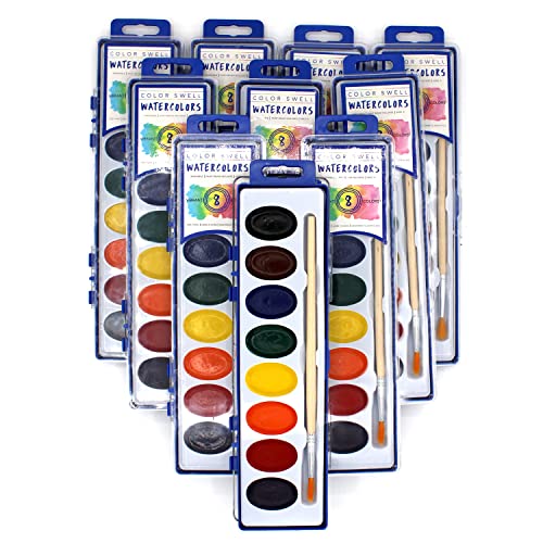 Color Swell 8 Color Bulk Watercolors with Wood Brushes, 10 Pack - size: 10 Count | 8 Colors