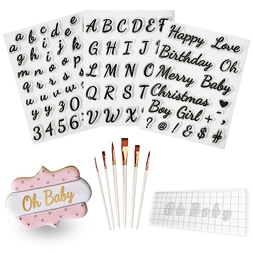 4PCS Alphabet Cake Stamps Tool with Brushes for Fondant Cookie Biscuit | Cute Handwriting Food Grade Fondant Letter Stamp Uppercase Lowercase Numbers Words Reusable Cookie Stamp for Christmas Party - color: D and Brush