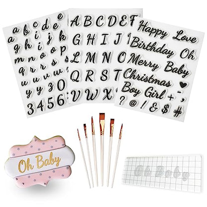 4PCS Alphabet Cake Stamps Tool with Brushes for Fondant Cookie Biscuit | Cute Handwriting Food Grade Fondant Letter Stamp Uppercase Lowercase Numbers Words Reusable Cookie Stamp for Christmas Party - color: D and Brush