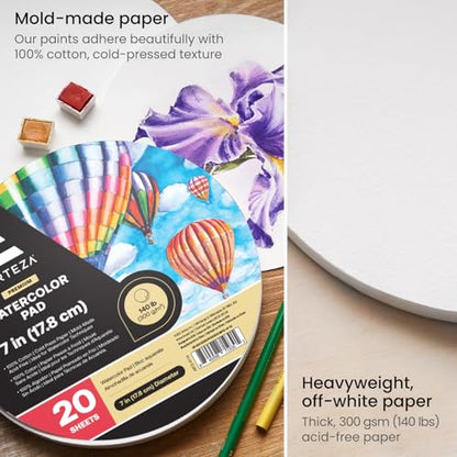 ARTEZA Watercolor Paper, 20 Sheets, 7 Inch Diameter Round Paper Pads, 140lb/300gsm, 100% Cotton, Cold Press, Acid Free Art Paper - size: 20 Sheets (7 inch Round)