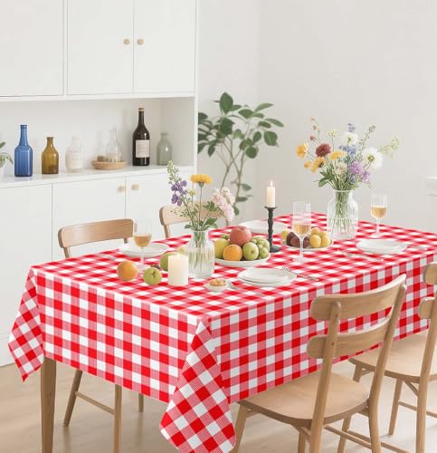 HEIPINIUYE 3 Pack Red Gingham Tablecloth Disposable 54 x 108 Inch Red and White Plaid Plastic Table Cloth Disposable Rectangle Table Cover for Party Birthday Picnic Checkered Tablecloths - color: Red Gingham Tablecloth, size: 3 Pack