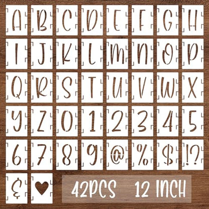 BAMIDELE 12 Inch Alphabet Letter Stencils, 42 Pcs Reusable Plastic Letters Numbers Symbol Interlocking Drawing Template Kit for Painting on Wood, Fabric, Rock, Chalkboard, Door Porch, Wall, Signage - size: 12 Inch