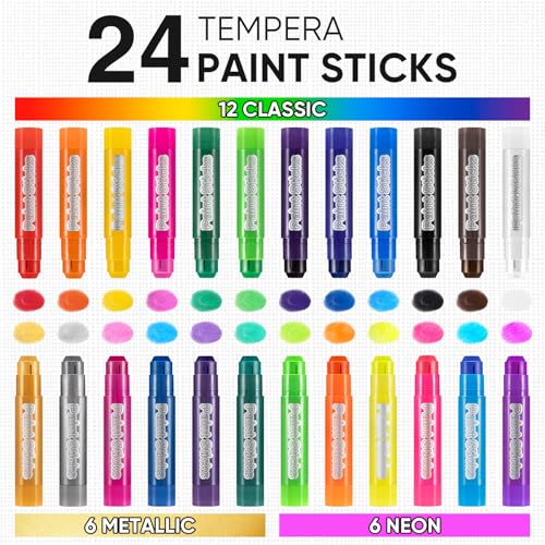 48 Pack Tempera Paint Sticks,24 Colors Washable Paint Sticks for Kids,Non-Toxic,90s Quick Drying, Allergen Free and High Coverage Solid Tempera Paint Stick,Ideal Gifts for Kids and Toddlers - color: (12 Classic+6 Metallic+6 Neon) X2