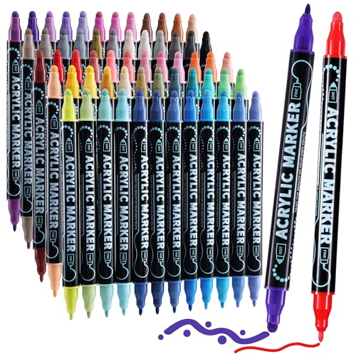 nauets 60 Colors Precision Dual Tip Acrylic Paint Markers Pens - Dot & Fine | Works on Rock, Wood, Fabric, Canvas, Glass, Scrapbook, Paper, Ceramic, Egg, DIY Craft Art Gift - Classroom & School Supplies - color: 60 Colors