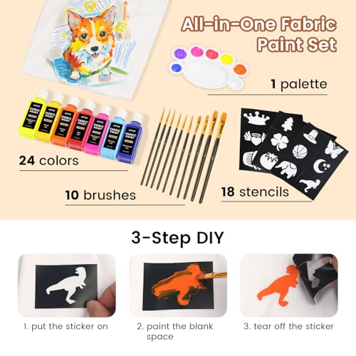 Artme 24 Colors Fabric Paint (60ml/2oz), Permanent Soft Fabric Paint Set with 10 Brushes, Palette, Stencils, Non-Toxic Waterproof Textile Paint for T-Shirts, Jeans, Shoes, Bags, DIY Crafts
