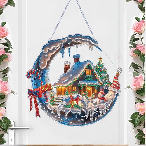 STGLCR Hanging Ornament Chirstmas House Diamond Painting Kits for Adults, Winter Diamond Art Kits for Beginners, 5D DIY Christmas Wreath Diamond Dot Art Pendants, Full Drill Moon Gem Craft 7.8 inch, - color: Christmas House