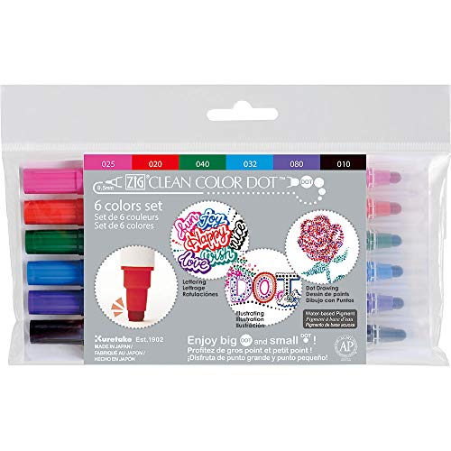 Kuretake CLEAN COLOR DOT Dual tip markers 6 colors set, 0.5mm fine tip and a flexible dot tip, for Journals, Crafts, Illustration, Lettering, Planners, for Adult, Kids, Made in Japan - style: 6 colors set(Dual tip)
