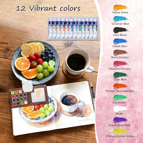 Mini Portable Watercolor Palette,Travel Paint set,15 Grids Portable Wooden Paint Palett with Bag,Paint, Brush, Cleaner Cup,2 Sketchbooks & Magnetic Clip,Watercolor for Painters,Artists