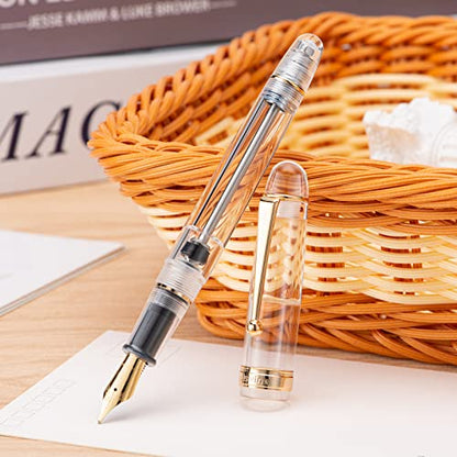Asvine V126 Vacuum Filling Fountain Gold Plated Fine Point, Clear Demonstrator Pen, Large-Capacity with Gift Case - color: Transparent clear, style: Fine Point
