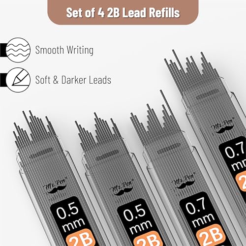 Mr. Pen- Metal Mechanical Pencil Set with Lead Refills & Erasers, 2 Pack | 2 Sizes, 0.5 & 0.7mm, 4x Tubes 2B Lead Refill, 2x Erasers for School Supplies, Note Taking, Drawing, Fathers Day Gift