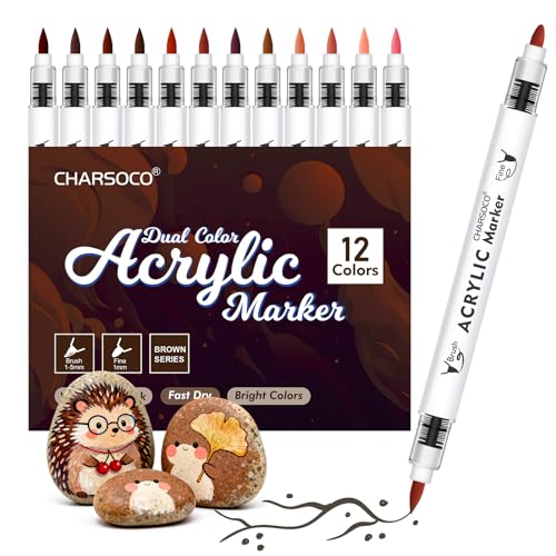 Brown Tones Acrylic Paint Pens, 12 Colors Markers Set with Soft Brush & Bullet Tip, for Rock, Painting, Wood, Glass, Ceramic, Canvas, Stone, DIY Crafts, Making Art Supplies, Fabric Paint - color: Brown