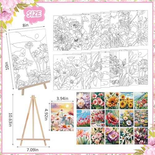 Tenceur 16 Sets Pre Drawn Canvas to Paint for Sip and Paint Party, 8 x 10 Inch Preprinted Framed Pre Sketched Coloring Canvas with Easels and Brushes for Adults Party Supplies(Flower) - style: Flower