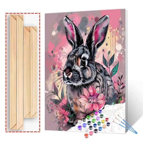 Lovely Bunny Paint by Numbers Adorable Animal Paint by Numbers Kits for Adult Paint by Numbers Pink Flower Painting Art Craft with Brushes Acrylic Pigment Drawings Gift DIY Framed 16x20 Inch - color: Graffiti A-02, size: 16''x20''(DIY Frame)