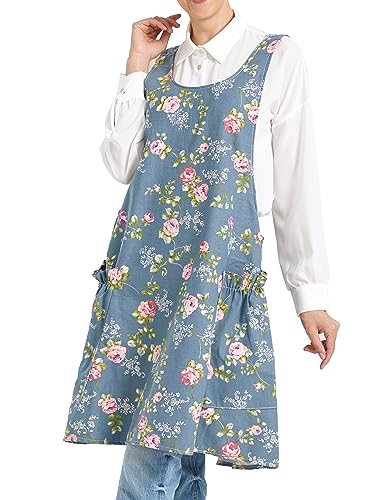 Cozy Adjustable Cross Back Aprons for Women with Pockets Cotton Linen Cooking Kitchen Baking - color: Rose Flower
